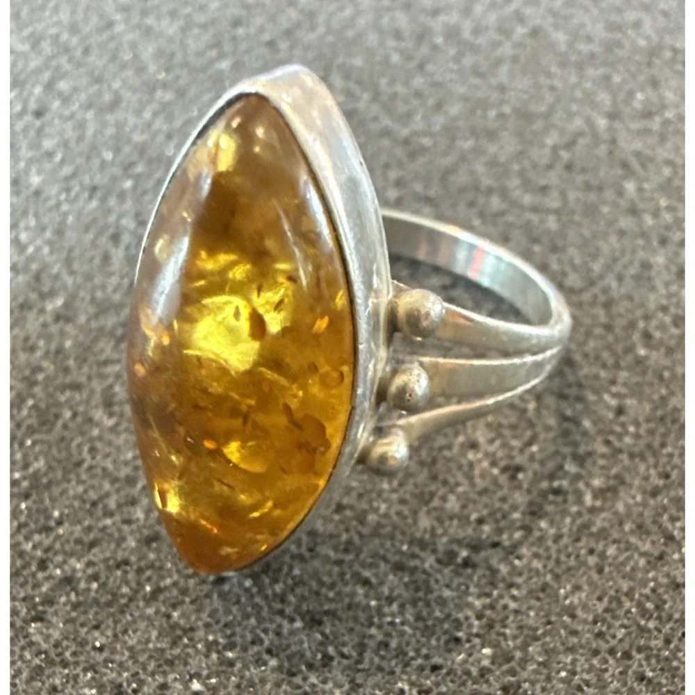 Vintage Navajo Sterling Silver Baltic Amber Ring John Delvin Signed Split Shank